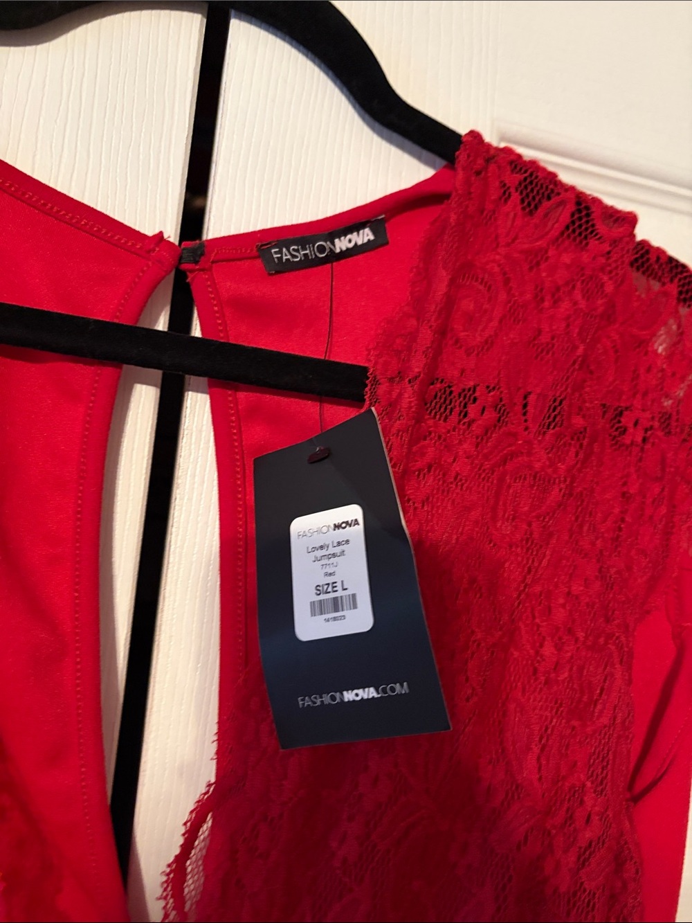 NEW Fashion Nova Lovely Lace Jumpsuit. Size Large. Red lace top wide leg - Picture 2 of 5